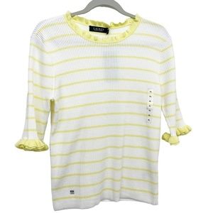Lauren Ralph Lauren XL Stretch Knit Ribbed Top Yellow Lettuce Ruffled Trim